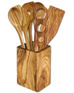 Olivenholz Köcher eckig mit 6 Küchenhelfern